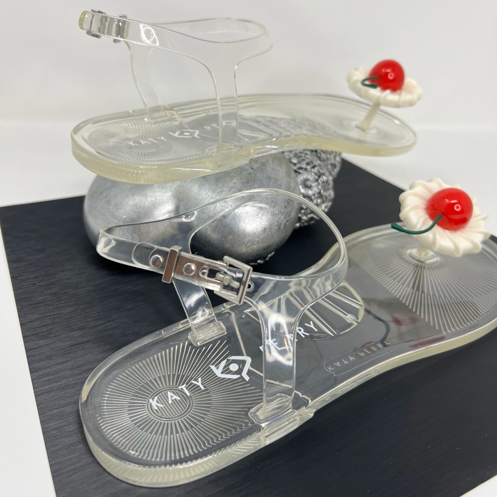 Katy Perry Collections Clear Jelly Sandals with Red Cherry and White Flower - Picture 14 of 16